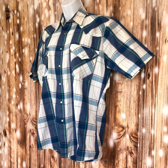 Vintage Rock Creek Ranch Blue Plaid Button Up Short Sleeve Collared Shirt - Picture 2 of 7